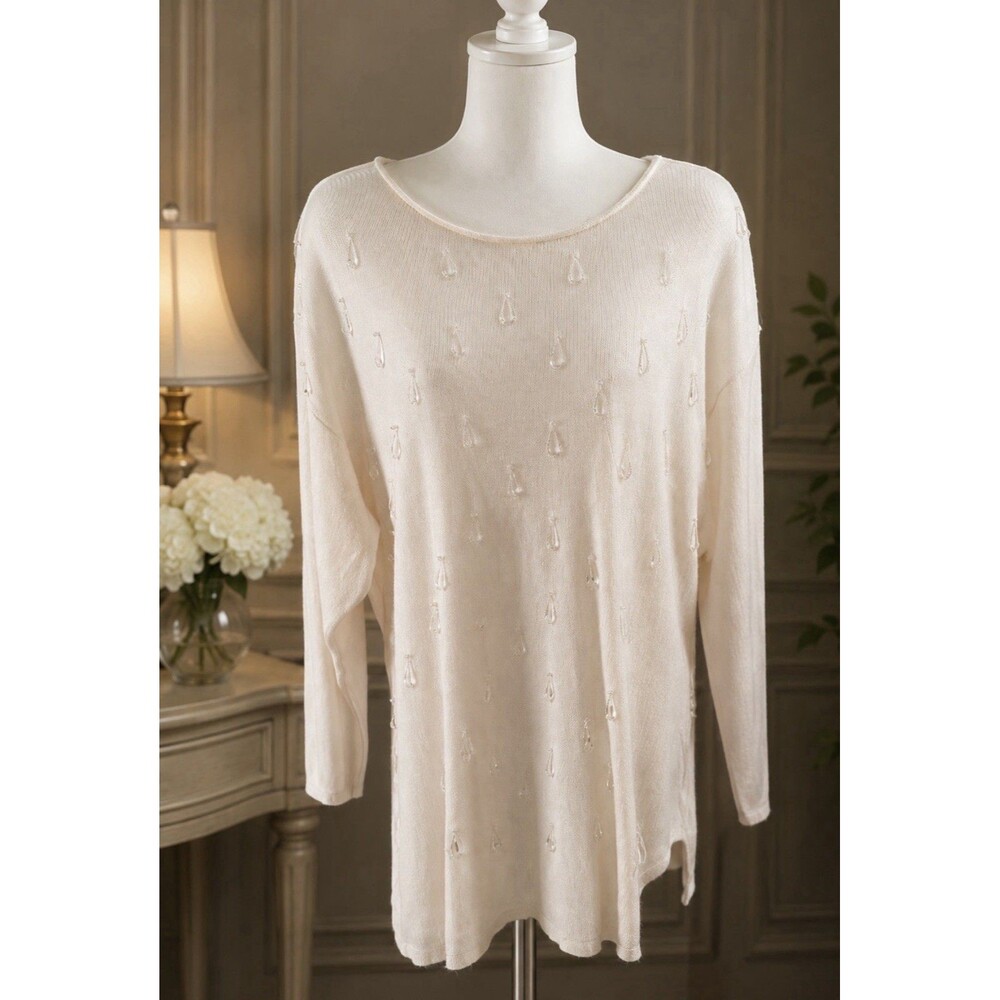 Vintage Portara Size 10 Ivory Linen Rayon Crystal Teardrop Sweater 42” Bust 29”L